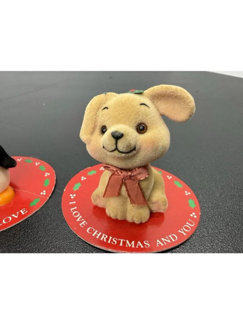 3 Vintage Russ & Berrie Co. Mini Christmas Flocked Figures Dog Penguin Cat